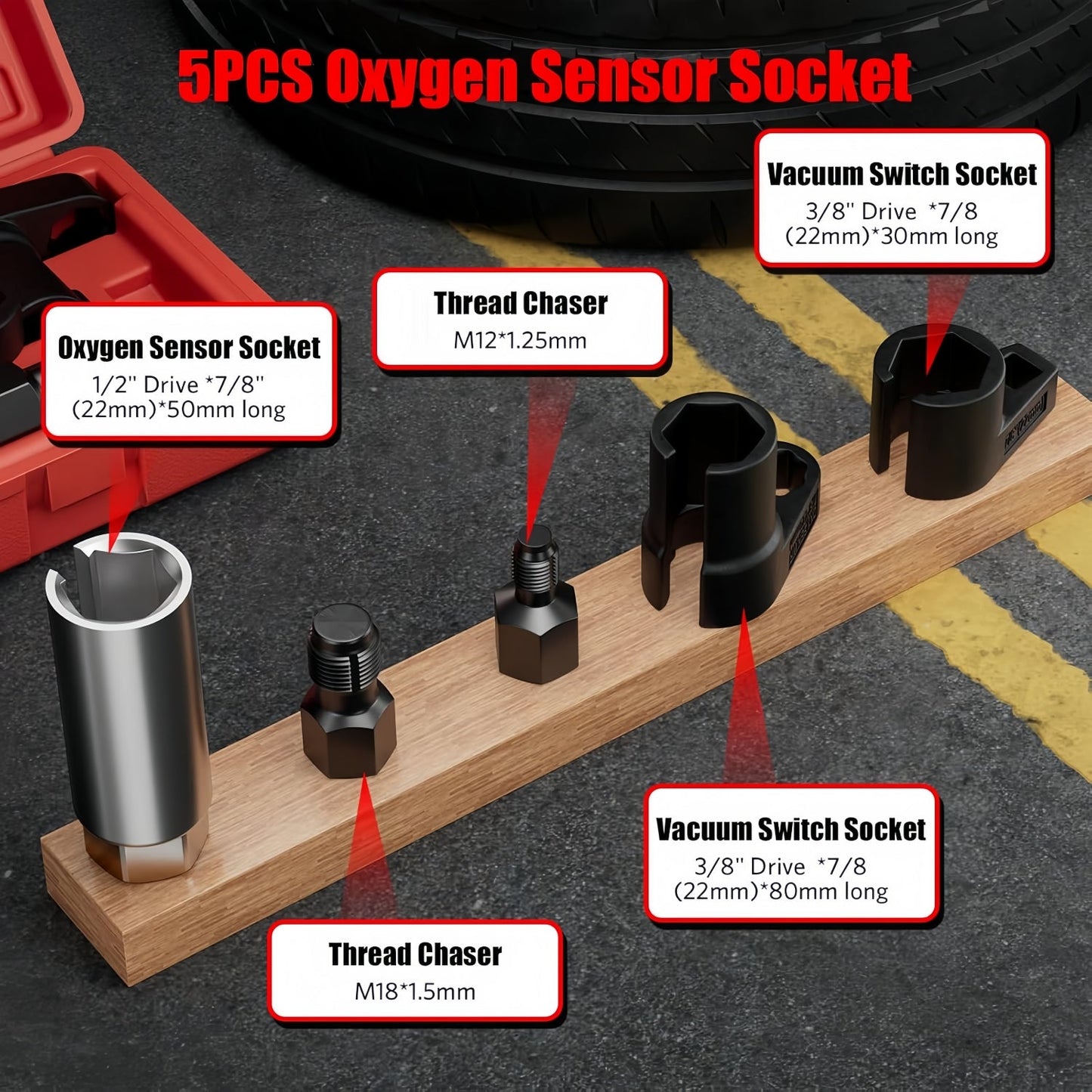 O2 Sensor Socket Set - 3/8" & 1/2" Drive, 7/8" & 22mm O2 Sensor Wrenches & Thread Chasers - Mini Catalizador®